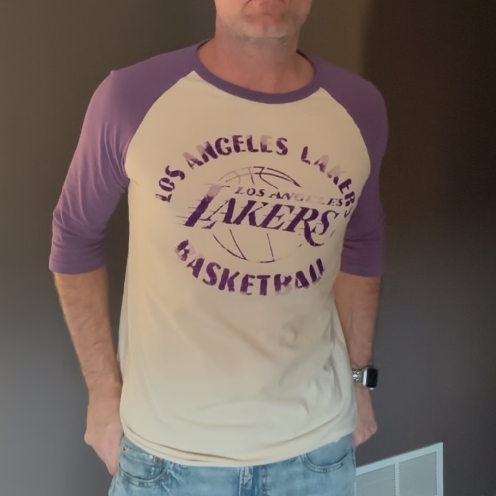 Vintage Men’s Junk Food Los Angeles Lakers Purple and Cream Raglan Shirt